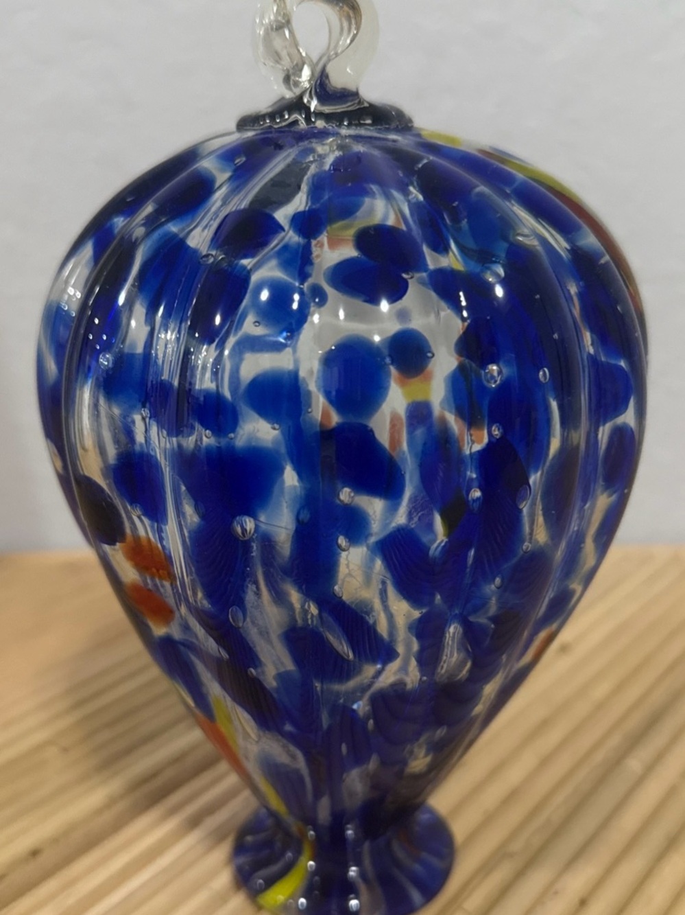 Blue & Multi-Colored Speckled Art Glass Decorative Ornament Teardrop Loop